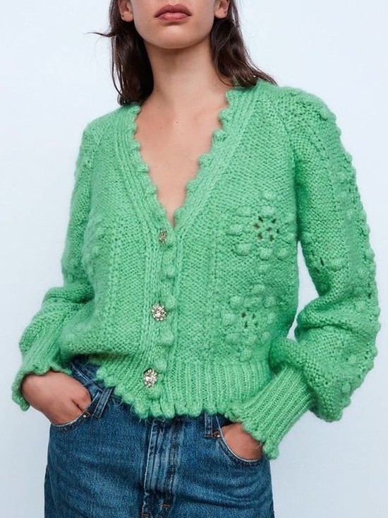 Zara Sweaters - Zara Green Chunky Knit V-Neck Balloon Sleeves Wool Alpaca Blend Cardigan Sz M